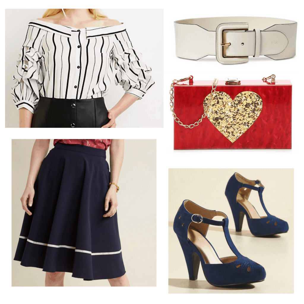 Striped white blouse with navy a-line skirt and white belt, red box handbag, and navy t-strap heels