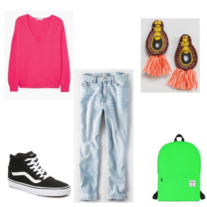 80s-inspired outfit with pink sweater, mom jeans, Vans high-tops, bead and tassel earrings, and green backpack