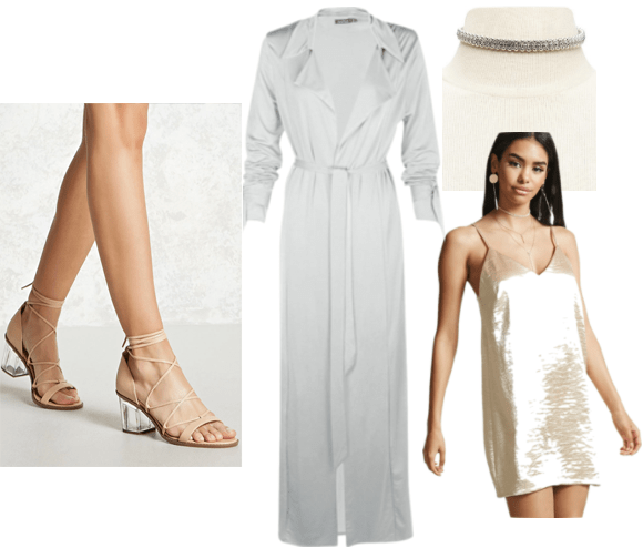 90s inspired outfit idea: Gold slip dress, silver duster trench, lucite heel lace up shoes, jeweled choker