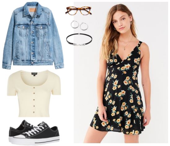 90's Style: Light Denim Jacket, Short Sleeve Crop Top, Converse, Floral Sun Dress, Choker, Hoop Earrings; Tortoise Horn Round Glasses