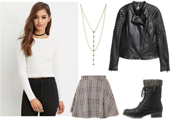 90's Style: White Sweater; Grey Plaid Skirt; Combat boots; Biker Jacket; Long Necklace