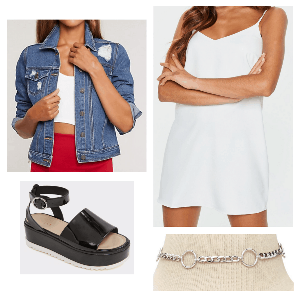 White textured slip dress with distressed demin jacket, silver chain choker, and black platform sandals