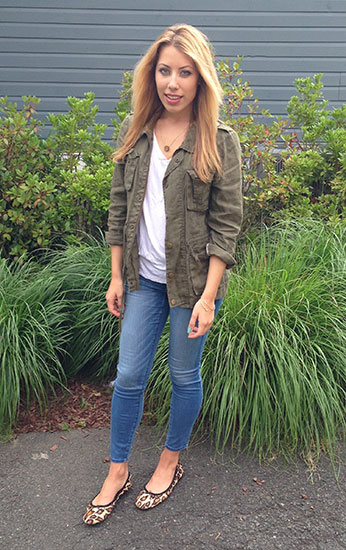 Outfit of the day for back to school: A+F jeggings, military jacket, white tee, necklace, cheetah flats