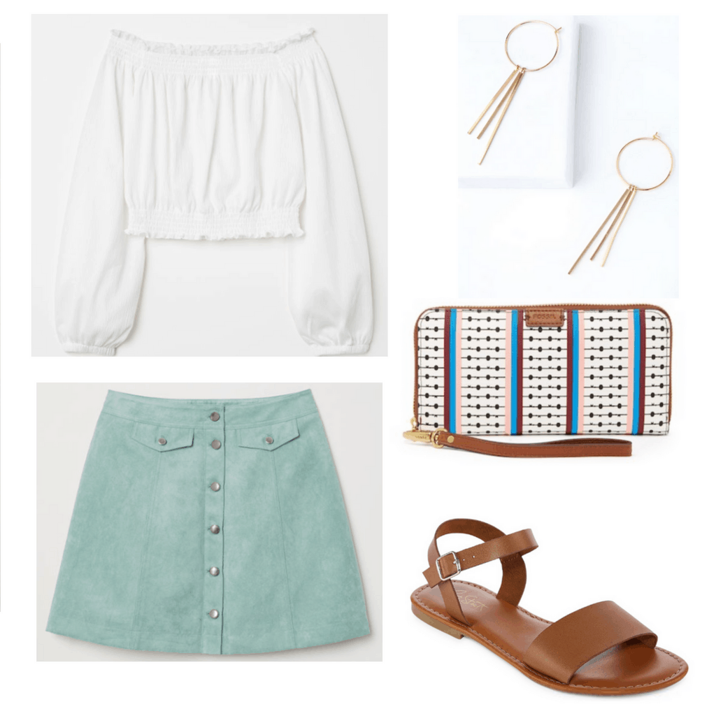 white off the shoulder top, mint button up skirt, gold hoop earrings, white patterned wristlet, brown sandals