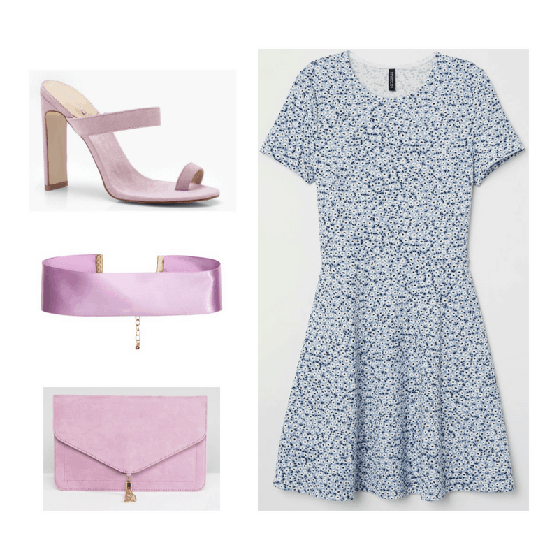 An outfit set of a blue and white floral dress and lavender open toe heels, satin choker, and clutch.