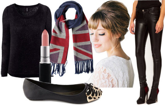 Outfit inspired by Adele's "Skyfall" - Black sweater, union jack scarf, lace top, shorts and tights, flats