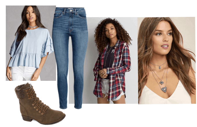 outfit inspired by adult jodie from beyond two souls video game: brown combat boots, red and blue checkered flannel, high waisted skinny jeans, layered necklaces, blue ruffle top