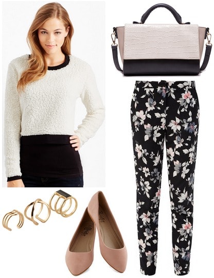 Aero cropped sweater, floral print pants, flats