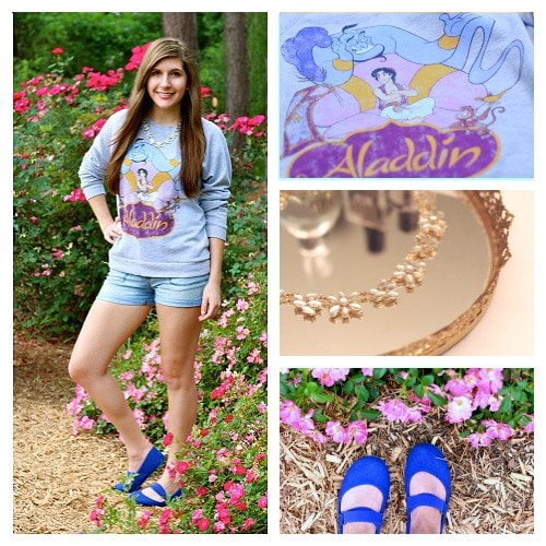 Aladdin sweatshirt denim shorts blue flats statement neckalce