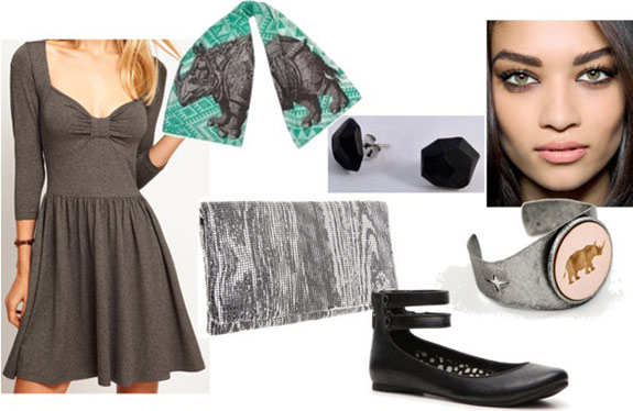 Fashion inspired by Art: Albrecht Durer's "Rhinoceros" - Outfit 2: skater dress, clutch, flats