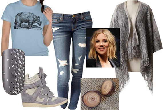 Fashion inspired by Art: Albrecht Durer's "Rhinoceros" - Outfit 3: Ripped jeans, tee, cardigan, sneaker wedges