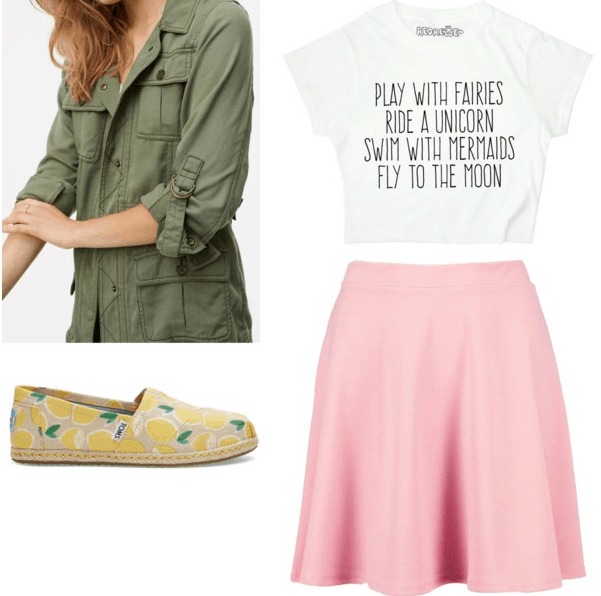 field jacket fun t-shirt pink skirt lemon espadrilles