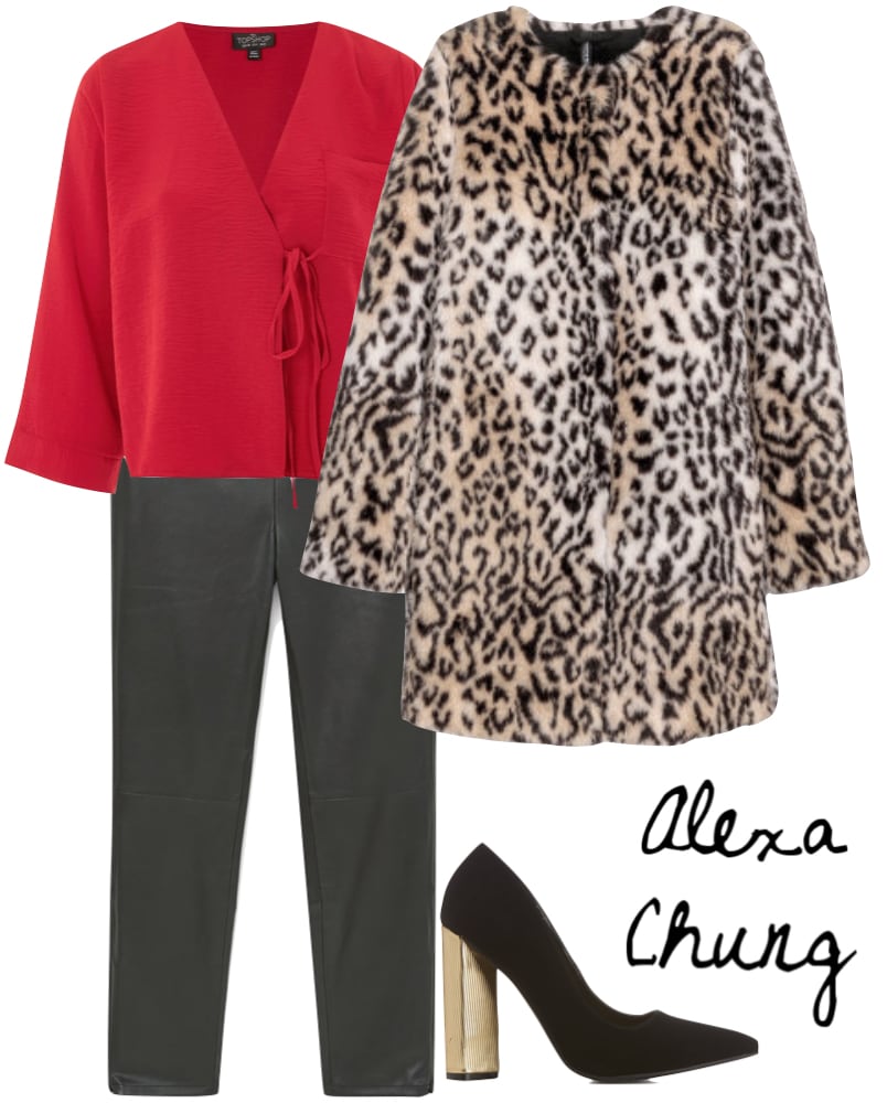 Alexa Chung Outfit: red v-neck blouse, faux leather pants, leopard print faux fur coat, black pointy-toe pumps