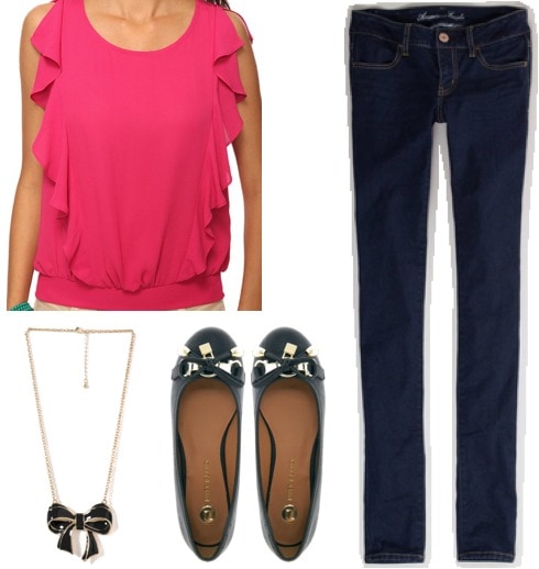 Fashion inspired by Alison DiLaurentis from Pretty Little Liars - ruffle blouse leggings, lock and key ballet flats, bow necklace