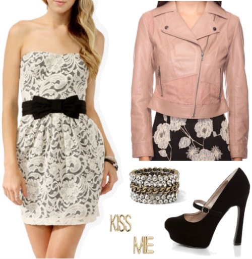 Fashion inspired by Alison from Pretty Little Liars - strapless lace dress, moto jacket, mary jane pumps, sweet earrings