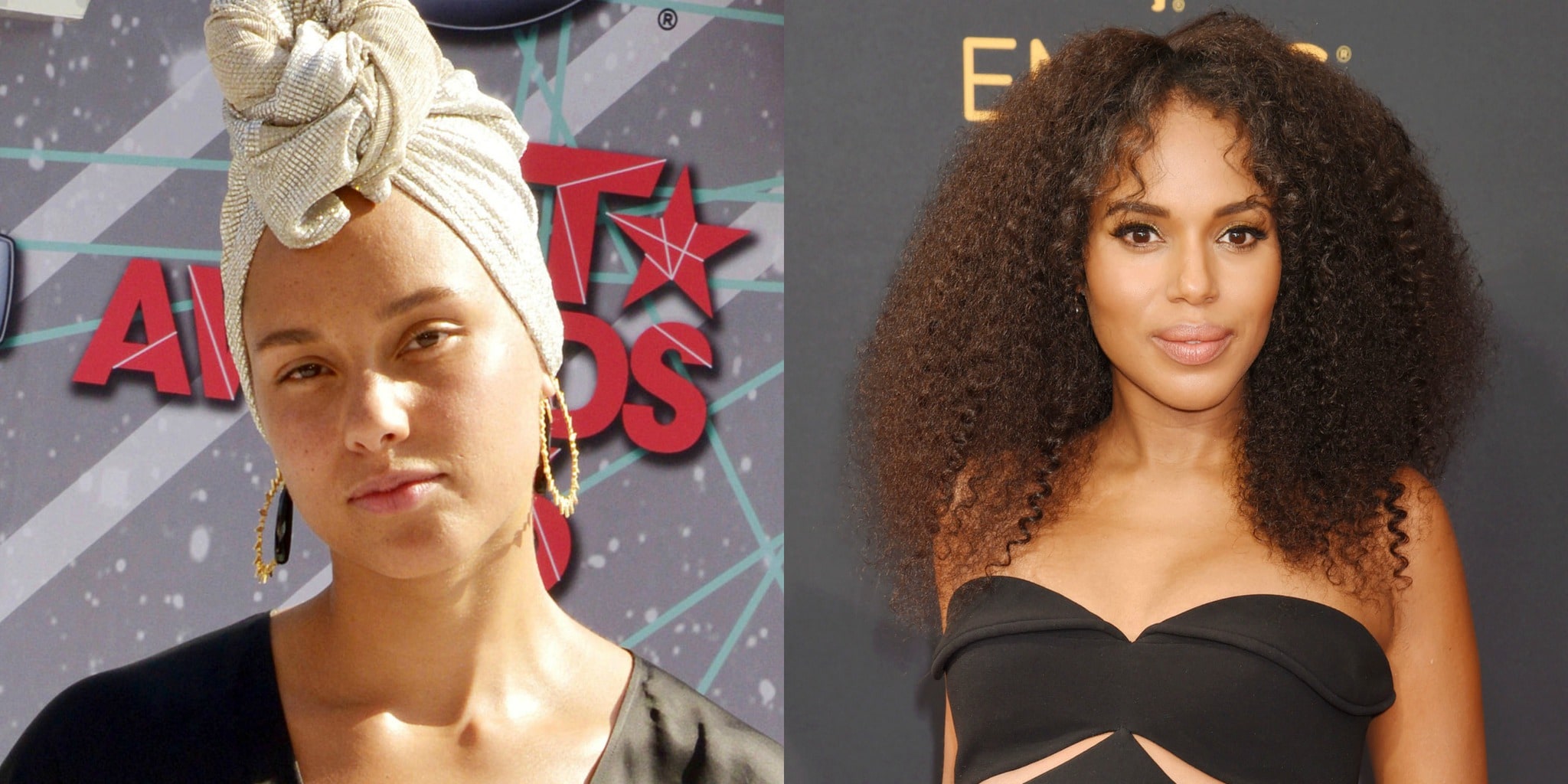 Alicia Keys wearing no makeup on the red carpet and Kerry Washington with natural hair at the Emmy's