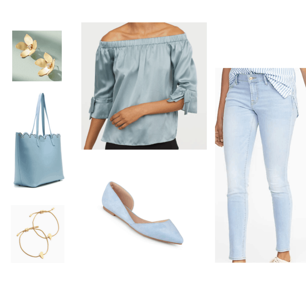 light blue silk top light blue jeans light blue flats light blue tote bag gold earrings gold bangles all light blue outfit monochrome outfit