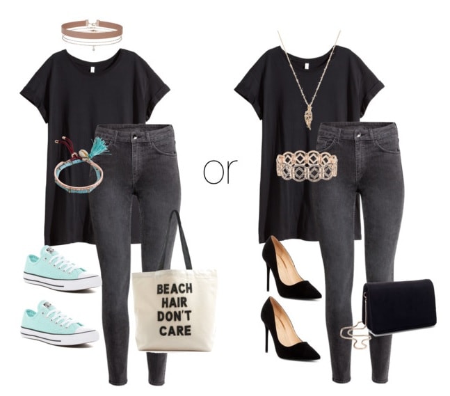 Two different all black outfits based around black jeans and a black tee shirt: Casual outfit with sneakers and tote bag, dressy outfit with heels and chain strap bag
