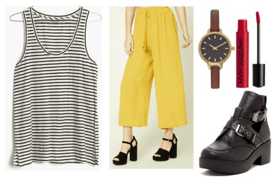 Striped top, yellow culottes, black boots.