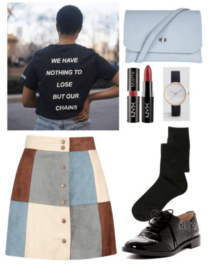 Graphic tee, suede skirt, oxfords.