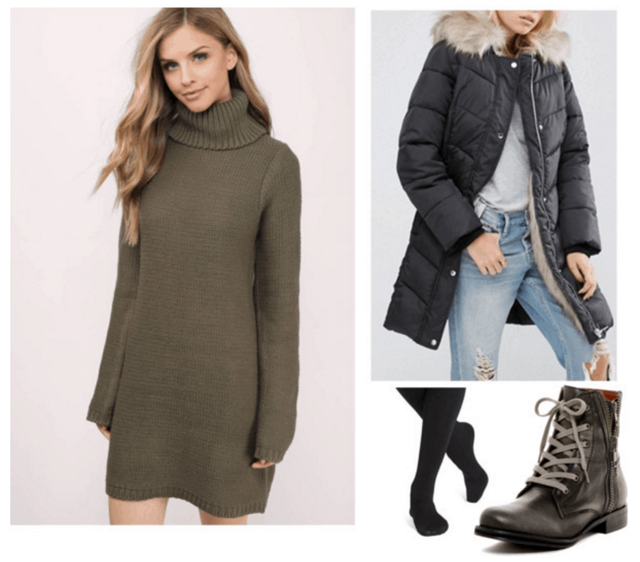 Sweater dress, parka, combat boots.