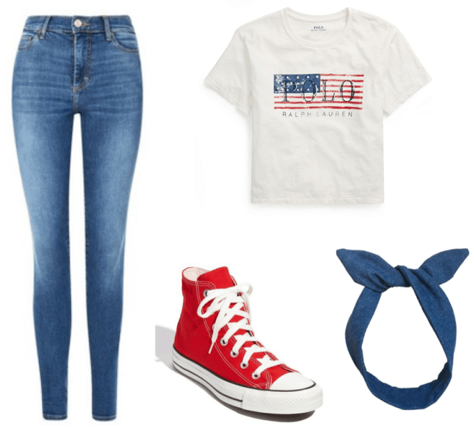 Party outfit for an America theme party: Blue jeans, Polo Ralph Lauren USA tee shirt, red Converse sneakers, blue headband