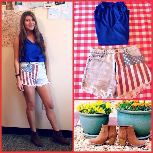 American flag shorts bright blue tank tan booties 4th of july outfit