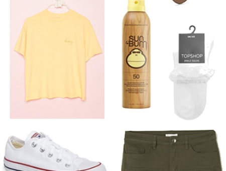 Amusement park outfit for spring: yellow top, aviator glasses, sunscreen, white ruffled socks, white converse and army green shorts