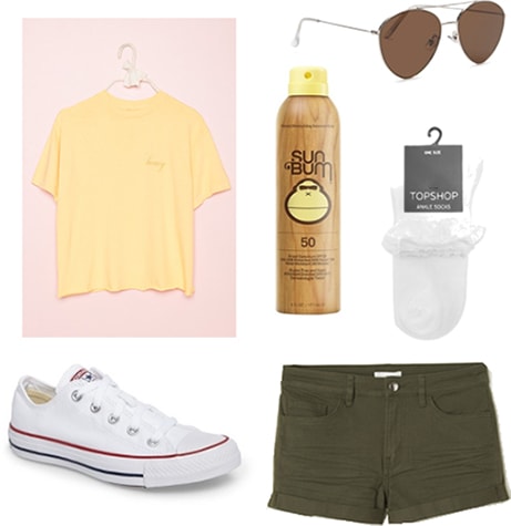Amusement park outfit for spring: yellow top, aviator glasses, sunscreen, white ruffled socks, white converse and army green shorts