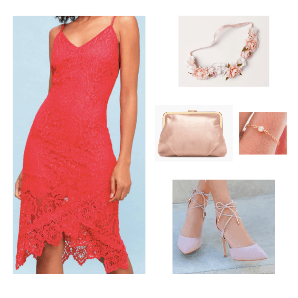 analogous colors red and pink outfit red lace slip dress pink flower crown pink frame bag gold delicate ring blush pink lace up heels outfit