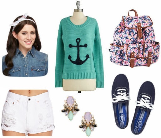 Anchor sweater and white cutoff shorts