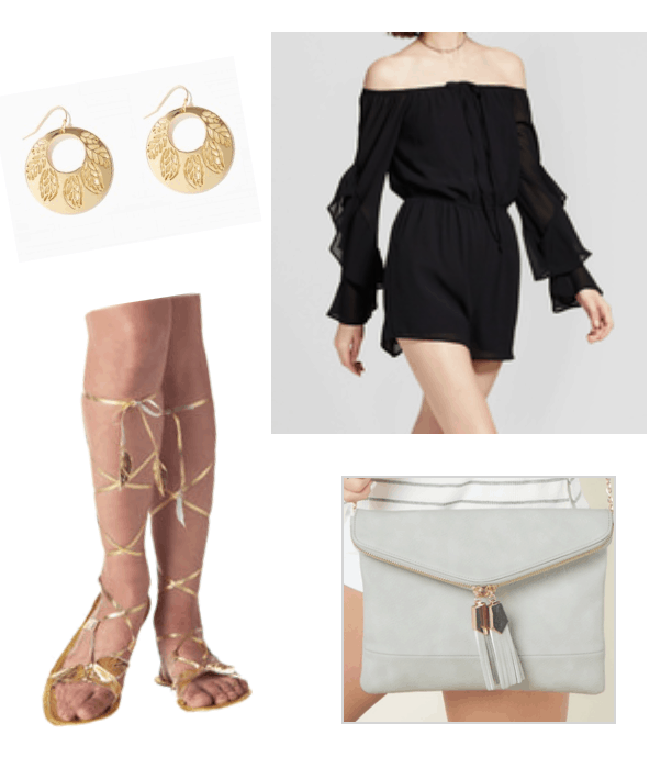 How to repurpose a costume: Ancient Roman gladiator costume sandals are worn with a black off-the-shoulder romper, suede clutch, and gold disc earrings for a night out outfit