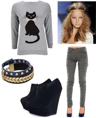 How to wear an animal graphic sweater for fall - wedges, cargo skinnies, messy hair