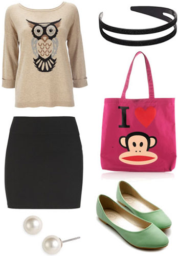 How to wear animal graphic sweaters for fall - pencil skirt, flats, cute tote bag