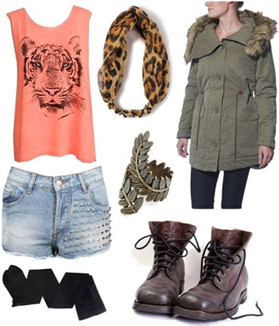 How to wear animal graphic tops for fall - denim cutoffs, tights, military jacket, lace-up boots
