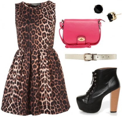 Animal Kingdom outfit 1: Leopard dress, litas, belt, pink bag, stud earrings