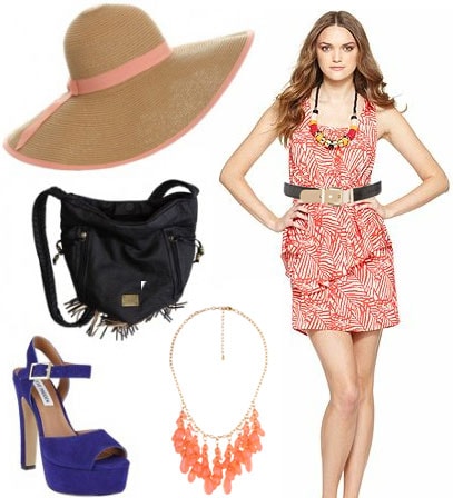 Animal Kingdom outfit 2: Leaf print dress, platform shoes, sun hat, coral necklace, fringe bag