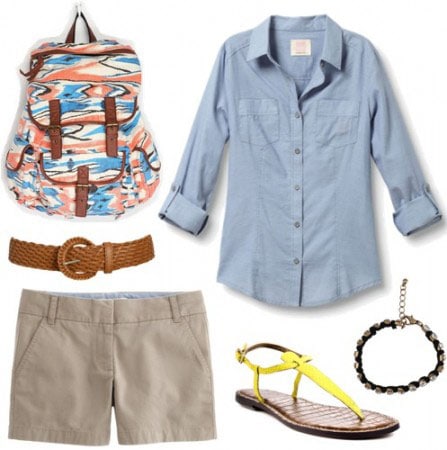 Animal Kingdom outfit 3: Khaki shorts, button-down shirt, belt, ikat print backpack, bracelet