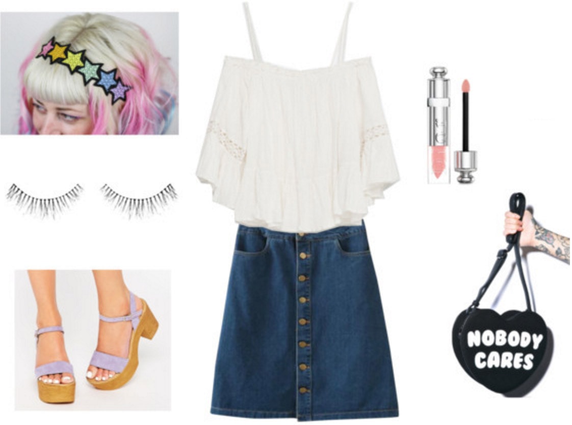 Outfit inspired by Anaru from Anohana - denim skirt, off the shoulder blouse, sandals, eyelashes, nobody cares purse