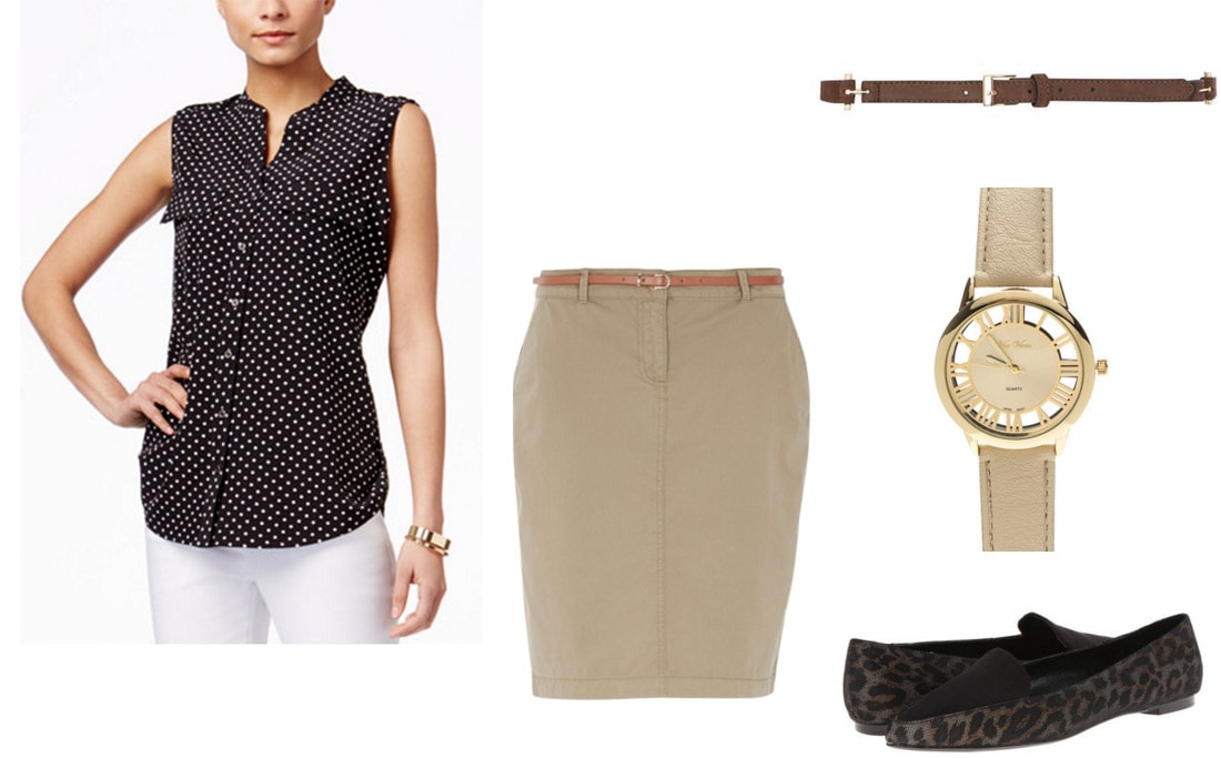 Outfit inspired by Yukiatsu from AnoHana - Polka dot top, tan skirt, flats, tan watch, belt