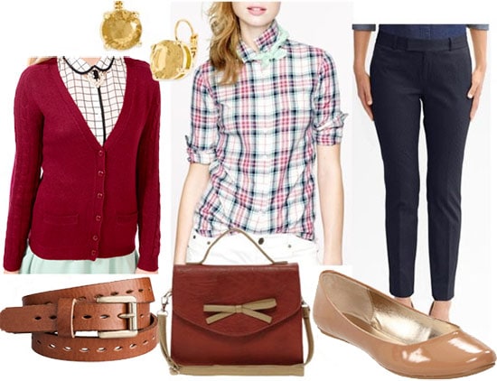 Fashion inspired by Ann Perkins from Parks and Recreation: Plaid shirt, burgundy cardigan, camel belt, trousers, ballet flats, satchel