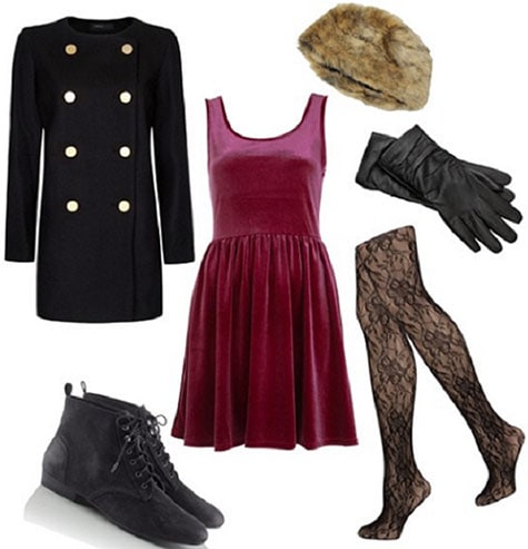 Anna Karenina-inspired outfit 1: Velvet dress, military coat, lace tights, boots, gloves, faux fur hat
