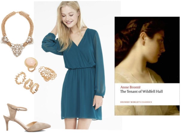 Outfit inspired by Anne Bronte: Flowy green dress, pointy toe heels, statement necklace