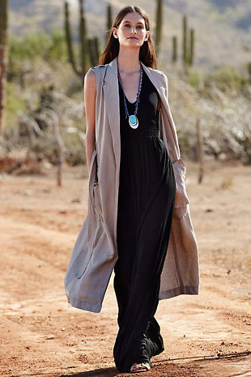 Anthro lookbook black maxi dress and sleeveless trench