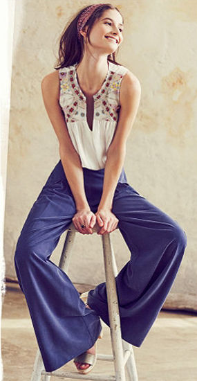 Anthro lookbook wide-leg pants and embroidered top