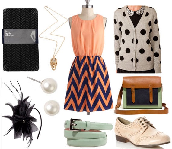 Fashion inspired by April Ludgate from Parks and Recreation: Chevron dress, polka dot cardigan, satchel, mint green belt, tights, oxford flats, fascinator headband