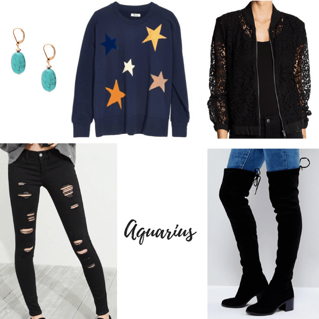 aquarius outfit star sweater lace bomber jacket ripped jeans over the knee boots turquoise earrings