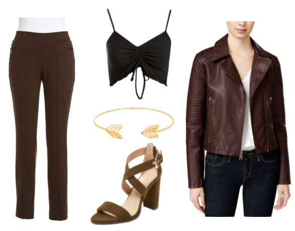 Video game fashion: Outfit inspired by Ares from God of War with black pants, brown strappy heels, black lace-up crop top, brown leather jacket, arrow bangle