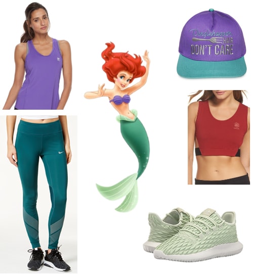 Ariel inspired workout outfit - teal leggings, red sports bra, purple tank, Dinglehopper hair don't care hat, mint green Adidas sneakers - disney princess workout outfits