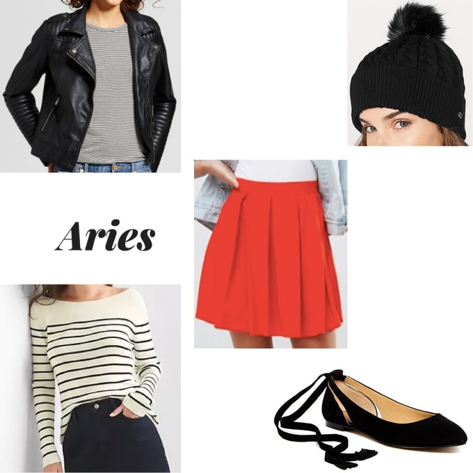 Aries-inspired outfit with red mini skirt, striped long sleeve tee, ballet flats, black faux leather moto jacket, and black beanie hat with black pom pom detail